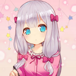 Rule 34 | 1girl, :o, blue eyes, blush, bow, breasts, collarbone, commentary request, eromanga sensei, hair bow, head tilt, izumi sagiri, looking at viewer, maodouzi, pajamas, parted lips, pink background, pink bow, pink pajamas, pink shirt, shirt, sidelocks, silver hair, small breasts, solo, star (symbol)