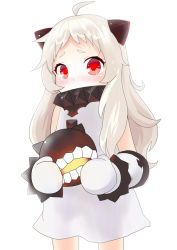 Rule 34 | 10s, 1girl, abyssal ship, ahoge, bad id, bad pixiv id, blush, covered mouth, dress, horns, kantai collection, kashiwagi nagomu, long hair, looking at viewer, mittens, northern ocean princess, pale skin, red eyes, silver hair, solo, white dress, white mittens