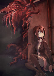Rule 34 | 1girl, absurdres, bags under eyes, brown hair, claws, constricted pupils, highres, horror (theme), jacket, monster, on ground, original, smoking pipe, scared, shimizu tsubasa, shoes, short hair, sitting, skirt, sweat, thighhighs, tongue