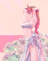 Rule 34 | 1girl, armpits, arms up, bikini, bikini top only, blush, braid, breasts, closed mouth, commentary request, closed eyes, flower, hair between eyes, hand on own head, highres, kemurikusa, large breasts, long hair, navel, pink background, ponytail, red hair, ryou (kemurikusa), sarong, smile, solo, standing, swimsuit, usapenpen2019, white bikini