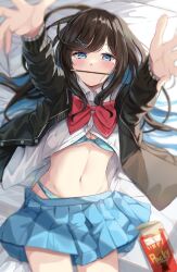 Rule 34 | 1girl, aqua bra, aqua panties, bed, black hair, black jacket, blue eyes, blue hair, blush, bow, bowtie, bra, breasts, collared shirt, colored inner hair, food, food in mouth, hair ornament, highres, igayan, indoors, jacket, long hair, looking at viewer, lying, medium breasts, mole, mole under eye, multicolored hair, navel, on back, open clothes, open jacket, original, panties, partially undressed, pink bow, pink bowtie, pocky, pocky in mouth, reaching, reaching towards viewer, shirt, solo, stomach, swept bangs, underwear, white shirt, x hair ornament