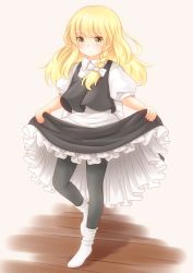 Rule 34 | 1girl, absurdres, black pantyhose, black skirt, blonde hair, braid, closed mouth, clothes lift, collared shirt, commentary request, frilled skirt, frills, full body, highres, kirisame marisa, long skirt, no headwear, pantyhose, puffy short sleeves, puffy sleeves, shirt, short sleeves, side braid, single braid, skirt, skirt lift, socks, solo, standing, standing on one leg, touhou, unira, white shirt, white socks, yellow eyes