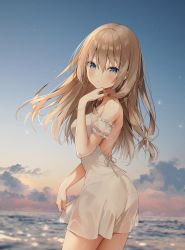 Rule 34 | 1girl, ass, backless dress, backless outfit, bare shoulders, blue eyes, blush, brown hair, cloud, dress, dusk, from behind, hand on own face, hand to own mouth, highres, long hair, looking at viewer, looking back, ocean, original, outdoors, see-through, short dress, sky, solo, strapless, strapless dress, sundress, thighs, wading, water, weri, wet, wet clothes, wet dress, white dress
