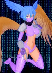 Rule 34 | 1girl, 3d, armor, artist request, ass, belt, black scarf, blue eyes, blue hair, breasts, claws, digimon, digimon (creature), digimon frontier, feathered wings, full body, garter straps, groin, hair between eyes, hair wings, hand up, harpy, head wings, highleg, highleg panties, large breasts, long hair, looking at viewer, lowres, mask, monster girl, mouth mask, navel, ninja mask, panties, purple panties, purple thighhighs, revealing clothes, scarf, shoulder armor, shutumon, sidelocks, simple background, skindentation, solo, spread legs, squatting, stomach, thighhighs, thong, underwear, wings