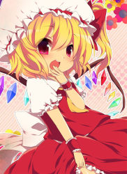 Rule 34 | 1girl, ascot, bad id, bad pixiv id, blonde hair, deyuyama, female focus, flandre scarlet, flower, hat, open mouth, red eyes, short hair, side ponytail, solo, embodiment of scarlet devil, touhou, wings, wrist cuffs