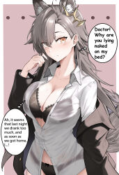 Rule 34 | ..., 1girl, absurdres, alternate language, animal ear fluff, animal ears, arknights, black bra, black jacket, black panties, blush, border, bra, breasts, brown hair, buttons, chinese commentary, cleavage, closed mouth, collarbone, commentary request, dress shirt, english text, hair ornament, hand up, highres, jacket, large breasts, long hair, long sleeves, looking at viewer, off shoulder, open clothes, open jacket, orange eyes, outside border, panties, partially unbuttoned, penance (arknights), pink background, see-through, see-through shirt, shirt, simple background, solo, standing, thought bubble, underwear, upper body, white border, white shirt, xiuge