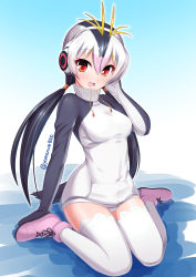 Rule 34 | 10s, 1girl, black hair, blonde hair, breasts, full body, hair between eyes, hand on own head, hassen (8cm), kemono friends, long hair, long sleeves, looking at viewer, low twintails, medium breasts, multicolored hair, open mouth, pink footwear, pink hair, red eyes, royal penguin (kemono friends), shoes, sitting, smile, solo, sweater, tail, teeth, thighhighs, turtleneck, turtleneck sweater, twintails, twitter username, wariza, white hair, white thighhighs