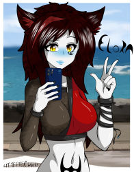 Rule 34 | absurdres, animal ears, bracelet, cat ears, cat girl, colored skin, cpt.tester works, elora (cpt.tester), highres, jewelry, lipstick, long hair, looking at viewer, makeup, peace symbol, phone, red hair, selfie, tattoo, white skin