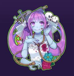 Rule 34 | 1girl, absurdres, bad id, bad pixiv id, blood, blood on clothes, blue skin, breasts, bug, candle, cleaver, closed mouth, colored skin, cross, fire, flower, frilled shirt, frills, hair ribbon, halloween, highres, long hair, looking up, low twintails, medium breasts, nail polish, noose, original, outline, purple background, purple eyes, purple hair, purple ribbon, red flower, red nails, red rose, ribbon, rose, saino (sainoomisaki), scar, scar on face, severed arm, severed limb, shirt, silk, simple background, sin mis, skull, sleeveless, sleeveless shirt, smile, solo, sparkle, spider, spider web, stitches, tombstone, twintails, upper body, veil, very long hair, white shirt, zombie
