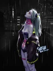 Rule 34 | cityscape, cyberpunk (series), cyberpunk edgerunners, green hair, highres, jacket, lipstick, long hair, looking up, makeup, multicolored eyes, open clothes, open jacket, prosthesis, prosthetic arm, rain, rebecca (cyberpunk), signature, skull, suisui again, tattoo, twintails
