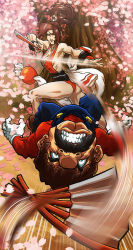 Rule 34 | 1boy, 1girl, angry, ass, attack, battle, bent over, blue eyes, breasts, brown hair, cleavage, facial hair, fatal fury, gloves, grin, highres, legs, mario, mario (series), mustache, ninja, nintendo, panties, petals, plumber, ponytail, red panties, rose petals, shiranui mai, smile, snk, super mario bros. 1, the king of fighters, thighs, tree, underwear