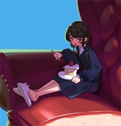 Rule 34 | 1girl, :o, animal slippers, blue background, blue dress, blush, breasts, brown hair, bunny slippers, cake, cake slice, collared dress, couch, cropped, donuttypd, dress, eating, female focus, food, fork, from side, fruit, full body, hair over shoulder, hand up, holding, holding fork, legs together, long hair, long sleeves, looking to the side, low twintails, open mouth, original, oversized object, plate, puffy long sleeves, puffy sleeves, red eyes, shade, shoe dangle, simple background, sitting, slippers, small breasts, solo, strawberry, strawberry shortcake, twintails