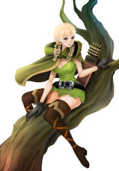 Rule 34 | arrow (projectile), belt, blonde hair, boots, braid, breasts, cleavage, dragon&#039;s crown, elf, elf (dragon&#039;s crown), gloves, highres, pointy ears, sitting, skirt, thigh boots, thighhighs, tree, vanillaware, weapon
