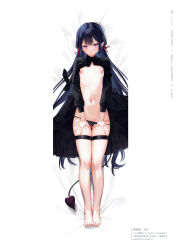 Rule 34 | 1girl, barefoot, bed sheet, black hair, breasts, demon tail, highres, long hair, looking at viewer, lying, mignon, nipples, on back, original, pointy ears, purple eyes, simple background, small breasts, solo, tail, toes, yoru-chan (mignon)
