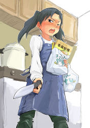 Rule 34 | 1girl, apron, black hair, child, highres, kitchen, knife, looking at viewer, sasaki bullet, solo, tagme, twintails