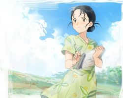 Rule 34 | 1girl, black hair, blue sky, border, brown eyes, closed mouth, clothes lift, cloud, cloudy sky, collarbone, colored pencil, day, dress, eyelashes, facing viewer, floral print, flower, green dress, green flower, hair bun, hands up, happy, holding, holding notebook, holding pencil, kono sekai no katasumi ni, light blush, light smile, looking afar, mole, mole under mouth, notebook, outdoors, pencil, riru, short sleeves, single hair bun, skirt, skirt lift, sky, solo, standing, upper body, urano suzu, white border