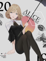 Rule 34 | 1girl, alice margatroid, alternate costume, arm support, black dress, black pantyhose, black umbrella, blonde hair, blue eyes, breasts, brooch, capelet, character name, commentary, contemporary, dress, earrings, feet out of frame, grey background, grin, head tilt, highres, holding, holding umbrella, jewelry, knees up, long sleeves, looking at viewer, medium breasts, mole, mole under eye, pantyhose, parted lips, red lips, reeh (yukuri130), short hair, simple background, sitting, smile, solo, touhou, umbrella, white capelet