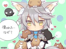 Rule 34 | &gt; &lt;, 1girl, animal, animal ears, animal on head, animal on shoulder, blush, closed eyes, dog, eco (petticoat), heart, holding, holding animal, multiple dogs, official art, on head, pop-up story, rita drake, short hair, silver hair, solo, tail, thought bubble, too many, too many dogs, wolf ears, wolf tail, yellow eyes
