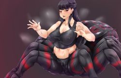 Rule 34 | arachne, arthropod girl, black hair, black shirt, black shorts, check commentary, commentary, commentary request, covered erect nipples, dark background, extra eyes, half updo, insect girl, jorouyome-chan, kandata nijou, long hair, looking at viewer, monster girl, multiple legs, nipples, original, outstretched arms, parted lips, puffy nipples, shirt, shorts, simple background, solo, spider girl, steam, sweat, taur