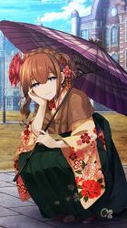 Rule 34 | 1girl, alternate costume, alternate hairstyle, blue eyes, braid, brown hair, building, capelet, cloud, cloudy sky, copyright name, day, floral print, flower, full body, hair flower, hair ornament, hand on own cheek, hand on own face, highres, huke, japanese clothes, kimono, long hair, looking at viewer, makise kurisu, official art, parasol, shoes, short hair, sky, smile, solo, squatting, steins;gate, umbrella, watermark
