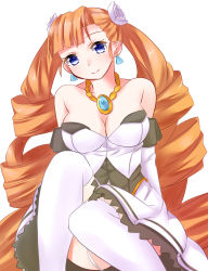 Rule 34 | 1girl, aq interactive, arcana heart, arcana heart 2, bare shoulders, blue eyes, breasts, cleavage, collarbone, dress, drill hair, earrings, examu, flower, frills, hair flower, hair ornament, highres, jewelry, large breasts, lingerie, long hair, looking at viewer, orange hair, panties, pendant, petra johanna lagerkvist, rose, sitting, smile, twin drills, two-tone dress, ufo, underwear, very long hair, white dress, white flower, white panties, white rose