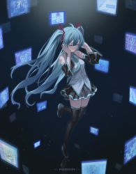 Rule 34 | 1girl, absurdres, alien alien (vocaloid), aqua hair, aqua necktie, black background, black footwear, black skirt, black sleeves, boots, closed eyes, commentary, danmaku comments, detached sleeves, faldeus, floating hair, full body, grey shirt, hands on own head, hands up, hatsune miku, headphones, hello/how are you (vocaloid), hibana (vocaloid), highres, karakuri pierrot (vocaloid), koi wa sensou (vocaloid), leg up, light particles, long hair, melt (vocaloid), necktie, niconico, number tattoo, parody request, screen, senbon-zakura (vocaloid), shinkai shoujo (vocaloid), shirt, shoulder tattoo, sidelocks, simple background, skirt, smile, solo, tattoo, thigh boots, thighhighs, twintails, very long hair, vocaloid, world is mine (vocaloid)