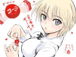 Rule 34 | 10s, 1girl, black ribbon, blonde hair, blue eyes, blush, brave witches, breasts, candy, dress shirt, food, heart, long sleeves, mishiro shinza, nikka edvardine katajainen, ribbon, shirt, short hair, simple background, solo, strike witches, translation request, white background, world witches series