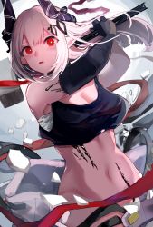 Rule 34 | 1girl, arknights, bare shoulders, black gloves, breasts, cleavage, commentary, crop top, elbow gloves, gloves, hammer, highres, holding, holding hammer, holding weapon, horns, large breasts, long hair, looking at viewer, material growth, midriff, mudrock (arknights), navel, oripathy lesion (arknights), parted lips, red eyes, sarashi, shinonome nemu (nemulog sn), silver hair, single glove, solo, stomach, upper body, weapon