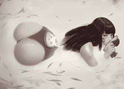 Rule 34 | 1girl, absurdres, animal print, arched back, ass, bare shoulders, bath, closed mouth, d.va (overwatch), facial mark, gun, highres, holding, holding gun, holding weapon, leaf, lips, long hair, looking back, looking to the side, milk-doll, monochrome, overwatch, overwatch 1, partially submerged, print swimsuit, rabbit print, shiny skin, smile, solo, straight hair, swimsuit, weapon, wedgie, whisker markings