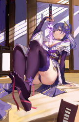 Rule 34 | 1girl, :q, absurdres, ass, black thighhighs, blush, braid, breasts, bridal gauntlets, chinese commentary, cleavage, commentary request, fingernails, flower, genshin impact, hair flower, hair ornament, hand on floor, highres, human scabbard, japanese clothes, kimono, large breasts, leg ribbon, light rays, lightning, lips, long hair, long sleeves, looking at viewer, low-braided long hair, low-tied long hair, mitsudomoe (shape), mole, mole under eye, nail polish, obi, obiage, obijime, on floor, purple eyes, purple kimono, purple nails, raiden shogun, ribbon, sash, sitting, solo, sunbeam, sunlight, sword between breasts, tatami, thighhighs, thighs, tomoe (symbol), tongue, tongue out, user eyb1265, wide sleeves