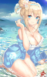 Rule 34 | 1girl, absurdres, bad id, bad pixiv id, bare shoulders, bikini, blonde hair, blue eyes, blue jacket, blue sky, breasts, caustics, cleavage, closed mouth, cloud, collarbone, day, frilled bikini, frills, girls&#039; frontline, hair bun, hair ornament, hairband, halterneck, hand up, highres, jacket, large breasts, long hair, long sleeves, looking at viewer, lotpi, off shoulder, official alternate costume, open clothes, open jacket, outdoors, revision, side bun, sidelocks, single hair bun, single side bun, sky, snowflake hair ornament, solo, starfish, suomi (girls&#039; frontline), suomi (midsummer pixie) (girls&#039; frontline), swimsuit, water, wet, white bikini