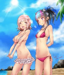 Rule 34 | 2girls, alternate hairstyle, arms behind back, beach, beige bikini, bikini, bikini skirt, black hair, blue hair, blush, breasts, cloud, cloudy sky, collarbone, commentary request, danganronpa (series), danganronpa 2: goodbye despair, dated, day, dot nose, ear piercing, earrings, flipped hair, frills, from side, grey bikini, hair horns, hair ornament, happy, highres, horns, jewelry, large breasts, looking at another, mioda 69ch, mioda ibuki, mole, mole on breast, multicolored hair, multiple girls, nanami chiaki, navel, necklace, palm tree, piercing, pink bikini, pink eyes, pink hair, rock, sand, scar, short hair, signature, sky, small breasts, smile, standing, stitches, sun, sunlight, swimsuit, tree, water, white hair