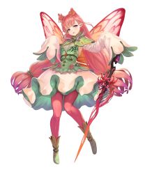 1girl breasts cleavage detached_sleeves dress fairy_wings female_focus fire_emblem fire_emblem_heroes flower full_body gradient_hair highres long_hair long_sleeves mirabilis_(fire_emblem) multicolored_hair nintendo official_art pantyhose pink_hair pink_pantyhose pointy_ears sleeves_past_wrists solo sword transparent_background weapon wings