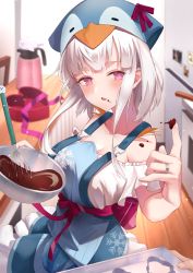 Rule 34 | 1girl, animal hood, baking, bare shoulders, breasts, chocolate, cleavage, collarbone, commentary request, dress, highres, hood, kitchen, large breasts, long hair, looking at viewer, open mouth, original, penguin hood, pink eyes, smile, solo, valentine, whisk, white hair, yukiyama momo
