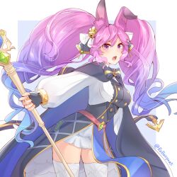 Rule 34 | 1girl, animal ears, bell, blue hair, breasts, cape, carrot (robosquat), cleo (dragalia lost), cowboy shot, dragalia lost, gradient hair, hair bell, hair ornament, holding, holding staff, large breasts, long hair, long sleeves, looking at viewer, multicolored hair, official alternate costume, open mouth, pink eyes, pink hair, puffy long sleeves, puffy sleeves, rabbit ears, solo, staff, thighhighs, twintails, twitter username, two-tone hair, very long hair