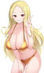 Rule 34 | 1girl, bikini, blonde hair, blush, breasts, cleavage, collarbone, commentary, cowboy shot, gluteal fold, gold bikini, grin, hair ornament, hairclip, halterneck, hand on own thigh, hand up, highres, large breasts, long hair, looking at viewer, mole, mole under mouth, navel, parted bangs, parted lips, red eyes, senran kagura, shiki (senran kagura), sidelocks, simple background, smile, solo, standing, stomach, surippa1010, swimsuit, very long hair, w, wavy hair, white background