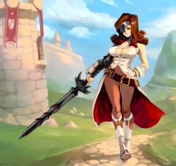 Rule 34 | 1girl, beatrix, belt, blue sky, boots, breasts, brown eyes, brown hair, castle, cleavage, curly hair, day, eyepatch, final fantasy, final fantasy ix, full body, grass, hand on own hip, holding, holding weapon, large breasts, looking at viewer, loose belt, medium hair, optionaltypo, pantyhose, shadow, sky, solo, square enix, standing, sword, weapon, white footwear