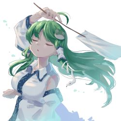 Rule 34 | 1girl, 5alive, ahoge, arm under breasts, arm up, bare shoulders, breasts, collared shirt, commentary request, cropped torso, detached sleeves, dress shirt, closed eyes, frog hair ornament, gohei, green hair, hair ornament, hair tubes, head tilt, highres, kochiya sanae, large breasts, long hair, shirt, sleeveless, sleeveless shirt, snake hair ornament, solo, touhou, two-tone shirt, upper body, white background, white shirt