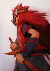 Rule 34 | 1boy, commentary, dog mask, drawing sword, english commentary, from side, highres, holding, holding sword, holding weapon, japanese clothes, long hair, male focus, mask, okikurumi (ookami), ookami (game), red hair, short sleeves, simple background, snowing, solo, sprouteeh, sword, very long hair, weapon, white background
