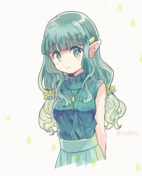 Rule 34 | 1girl, aqua hair, aqua sweater, arms at sides, blunt bangs, blush, closed mouth, cropped torso, dot nose, flower, futaba sana, gem, green eyes, green gemstone, hair down, hair flower, hair ornament, hairclip, jewelry, long hair, looking at viewer, magia record: mahou shoujo madoka magica gaiden, mahou shoujo madoka magica, necklace, pointy ears, sidelocks, simple background, sleeveless, sleeveless sweater, smile, solo, sweater, totte, turtleneck, turtleneck sweater, twitter username, upper body, very long hair, wavy hair, white background, yellow flower