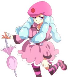 Rule 34 | 10s, 1girl, beret, blue eyes, closed umbrella, dress, eyelashes, gyahu, happinesscharge precure!, hat, highres, hosshiwa, long hair, long sleeves, looking at viewer, mary janes, pantyhose, pink dress, pink footwear, pink hat, precure, shoes, sidelocks, simple background, solo, source request, standing, standing on one leg, striped clothes, striped pantyhose, twintails, umbrella, white background