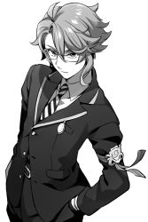 Rule 34 | 1boy, ahoge, asada hachi, azul ashengrotto, belt, closed mouth, collared shirt, commentary request, diagonal-striped neckwear, glasses, grey background, greyscale, hair between eyes, hands in pockets, jacket, long sleeves, looking at viewer, male focus, mole, mole under mouth, monochrome, necktie, night raven college uniform, pants, serious, shirt, short hair, simple background, solo, standing, striped necktie, striped neckwear, twisted wonderland, twitter username, watermark