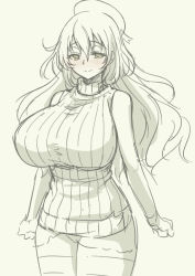 Rule 34 | 10s, 1girl, atago (kancolle), beret, blush, breasts, hat, highres, huge breasts, kantai collection, long hair, monochrome, pantyhose, pas (paxiti), ribbed sweater, simple background, sleeveless, sleeveless turtleneck, solo, sweater, thighband pantyhose, thighhighs, turtleneck