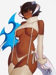 Rule 34 | 1girl, bare shoulders, black hair, blue eyes, breasts, commentary, dark-skinned female, dark skin, detached sleeves, distr, dragon girl, dragon horns, english commentary, facial mark, garter straps, hair between eyes, highres, horns, large breasts, looking at viewer, meme attire, navel, original, panties, parted lips, platinum dragon girl (distr), ribbed legwear, ribbed panties, ribbed sleeves, ribbed sweater, ribbed thighhighs, short hair, side-tie panties, simple background, sleeveless, sleeveless sweater, sleeveless turtleneck, solo, stomach, sweater, thighhighs, turtleneck, turtleneck sweater, underwear, virgin destroyer sweater, white background, white garter straps, white panties, white sleeves, white tail, white thighhighs