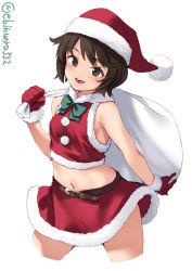 Rule 34 | 1girl, belt, belt buckle, blush, brown belt, brown eyes, brown hair, buckle, christmas, cropped legs, ebifurya, gloves, hat, highres, kantai collection, miyuki (kancolle), one-hour drawing challenge, open mouth, pom pom (clothes), red gloves, sack, santa costume, santa hat, short hair, simple background, smile, solo, twitter username, white background