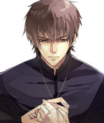 Rule 34 | 1boy, brown eyes, brown hair, command spell, fate/zero, fate (series), jewelry, kotomine kirei, male focus, necklace, solo, zaqloxxx