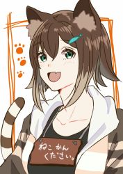 Rule 34 | 1girl, :d, animal ear fluff, animal ears, brown hair, cat ears, cat girl, cat tail, fang, fish hair ornament, fumino tamaki, green eyes, hair ornament, highres, hood, hood down, hoodie, looking at viewer, nijisanji, open mouth, short hair, skin fang, smile, solo, tail, translation request, tsumetsume zerii, upper body, virtual youtuber, white background