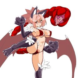 Rule 34 | 1girl, animal ears, animal hands, artist request, bat wings, breasts, cleavage, large breasts, leg up, manticore (monster girl encyclopedia), midriff, monster girl, monster girl encyclopedia, pink hair, red eyes, sideboob, simple background, solo, tail, thighs, underboob, white background, wings
