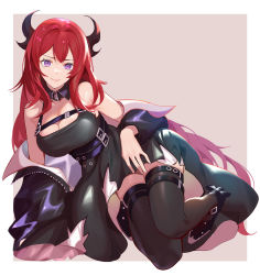 Rule 34 | 1girl, arknights, bare shoulders, black dress, black thighhighs, breasts, commentary request, dress, grey background, henz, highres, horns, long hair, looking at viewer, medium breasts, off shoulder, purple eyes, red hair, short dress, simple background, sleeveless, sleeveless dress, smile, solo, surtr (arknights), thighhighs