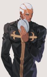 Rule 34 | 1boy, bad link, black coat, cd, chorefuji, closed mouth, coat, commentary request, dark-skinned male, dark skin, enrico pucci, frown, hand up, high collar, holding, jojo no kimyou na bouken, long sleeves, looking to the side, male focus, short hair, simple background, solo, white background, white hair
